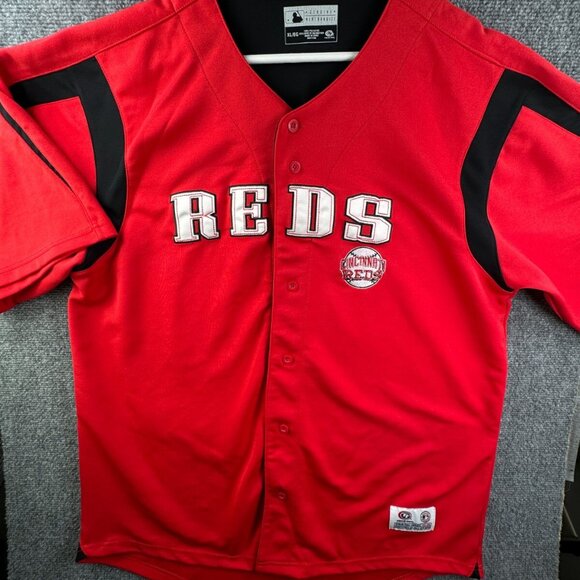 True Fan Cincinnati Reds Jersey Mens XL Polyester Button Up Red Genuine Merch - Picture 1 of 10
